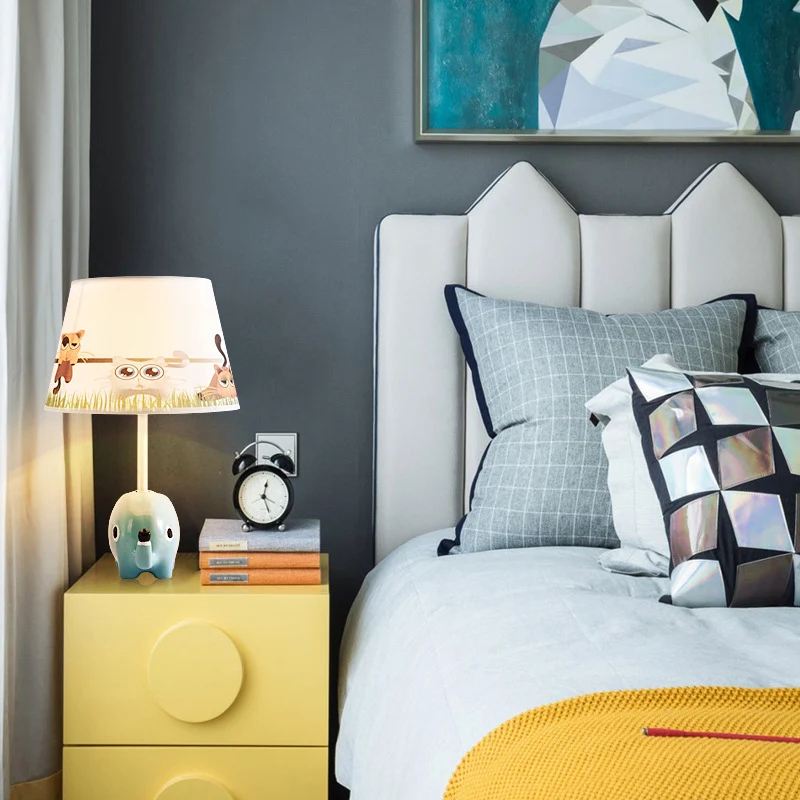 Cartoon taps toelopende tafelverlichting patroon stof 1-lichts kinderkamer nachtkastje lamp met hars olifant blauw Clearhalo