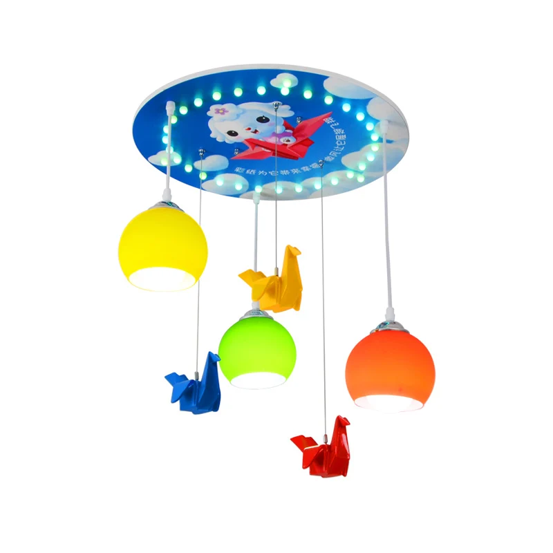 Cartoon-stijl koepelvormige hanglamp van geel en groen glas, 3-lichts slaapkamerhanglamp met ronde luifel blauw Clearhalo