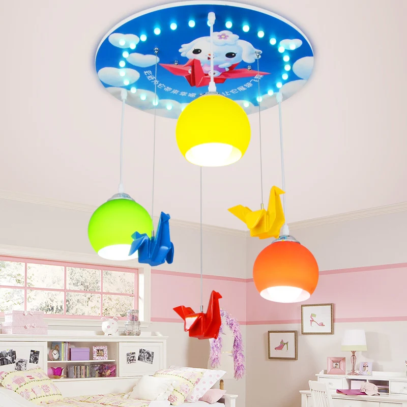 Cartoon-stijl koepelvormige hanglamp van geel en groen glas, 3-lichts slaapkamerhanglamp met ronde luifel blauw Clearhalo