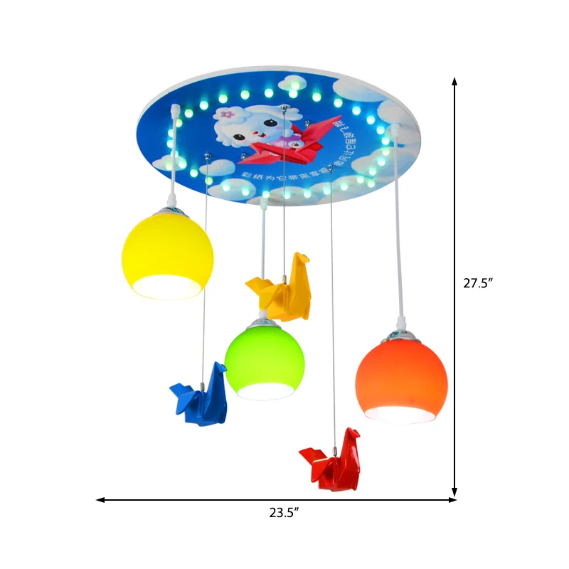 Cartoon-stijl koepelvormige hanglamp van geel en groen glas, 3-lichts slaapkamerhanglamp met ronde luifel blauw Clearhalo