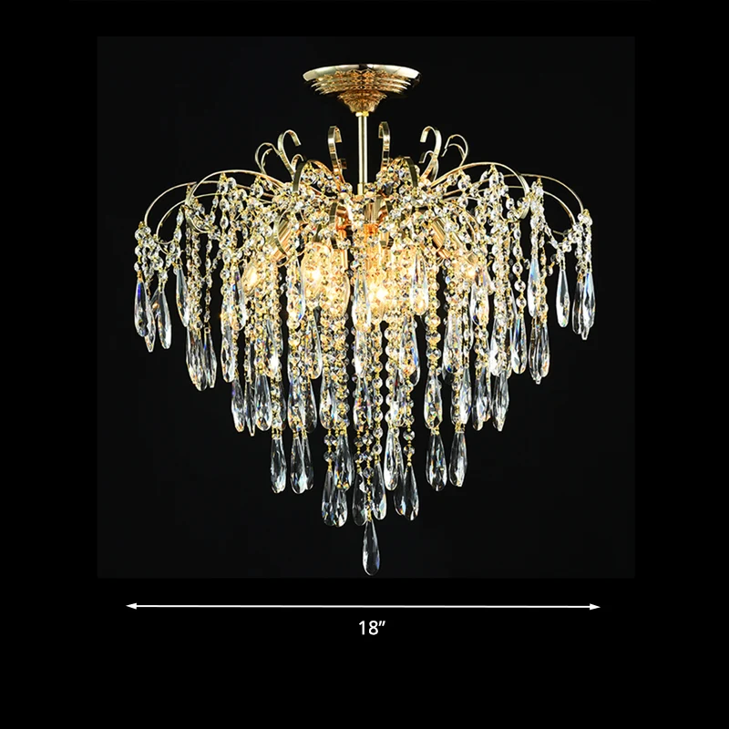 Cascade Clear Crystal Drop Plafondmontage Licht Eenvoudige Stijl Goud 18 "/19,5" Brede LED Semi Flush Lichtarmatuur Clearhalo