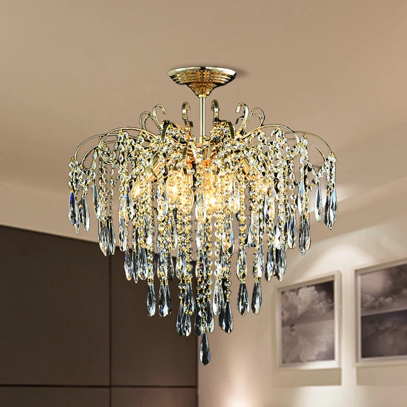Cascade Clear Crystal Drop Plafondmontage Licht Eenvoudige Stijl Goud 18 "/19,5" Brede LED Semi Flush Lichtarmatuur Clearhalo