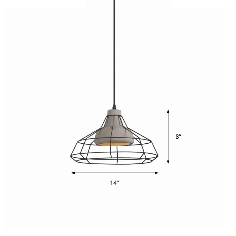 Cement Cone hanglamp modernistisch 1-lichts zwarte hangende hanglamp met draadkooikap, 10,5"/14" breed Clearhalo