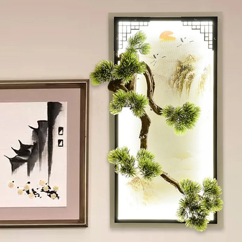 Chinees landschap ijzeren wandkandelaar licht LED inbouw met pijnboomdecor groen Clearhalo