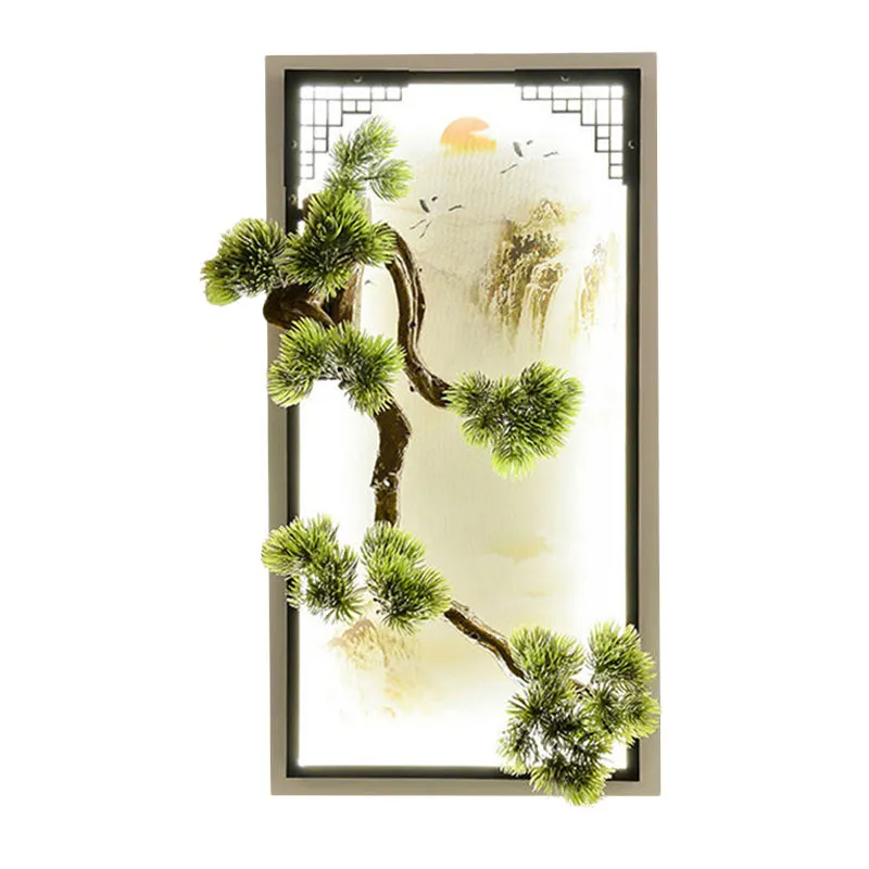 Chinees landschap ijzeren wandkandelaar licht LED inbouw met pijnboomdecor groen Clearhalo