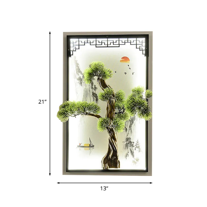 Chinees landschap ijzeren wandkandelaar licht LED inbouw met pijnboomdecor groen Clearhalo