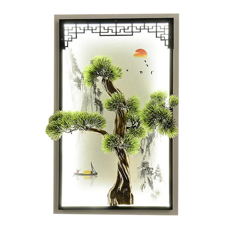Chinees landschap ijzeren wandkandelaar licht LED inbouw met pijnboomdecor groen Clearhalo
