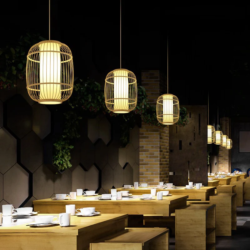 Chinese 1-koppige slinger lichtbeige elliptische lantaarnhanger met bamboe kap Clearhalo