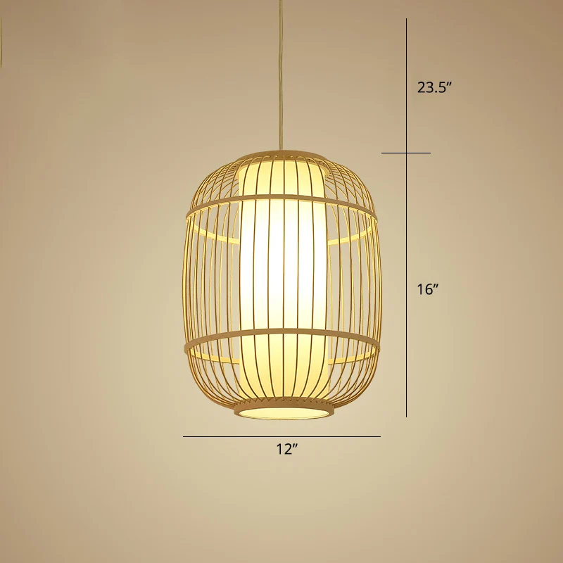 Chinese 1-koppige slinger lichtbeige elliptische lantaarnhanger met bamboe kap Clearhalo