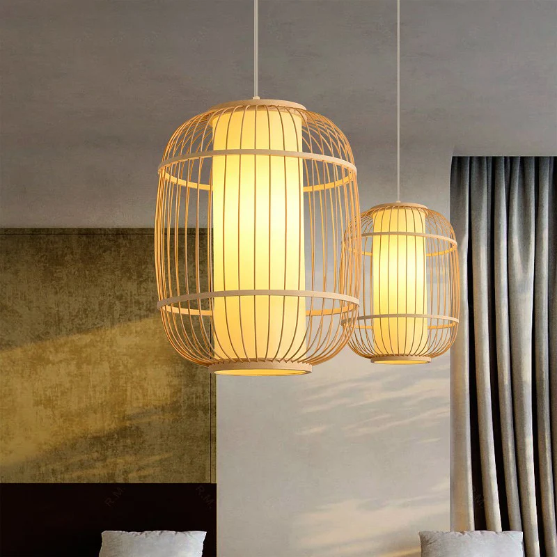 Chinese 1-koppige slinger lichtbeige elliptische lantaarnhanger met bamboe kap Clearhalo