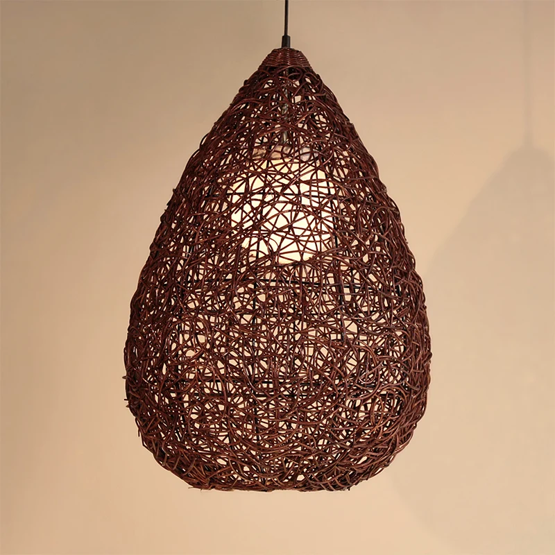 Chinese hanglamp met 1 lamp, lichtbruine peer, hanglamp met rotan kap Clearhalo