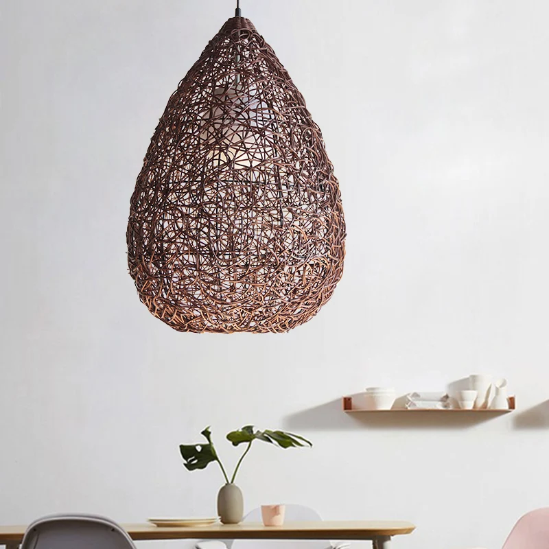 Chinese hanglamp met 1 lamp, lichtbruine peer, hanglamp met rotan kap Clearhalo