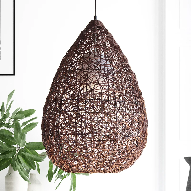 Chinese hanglamp met 1 lamp, lichtbruine peer, hanglamp met rotan kap Clearhalo