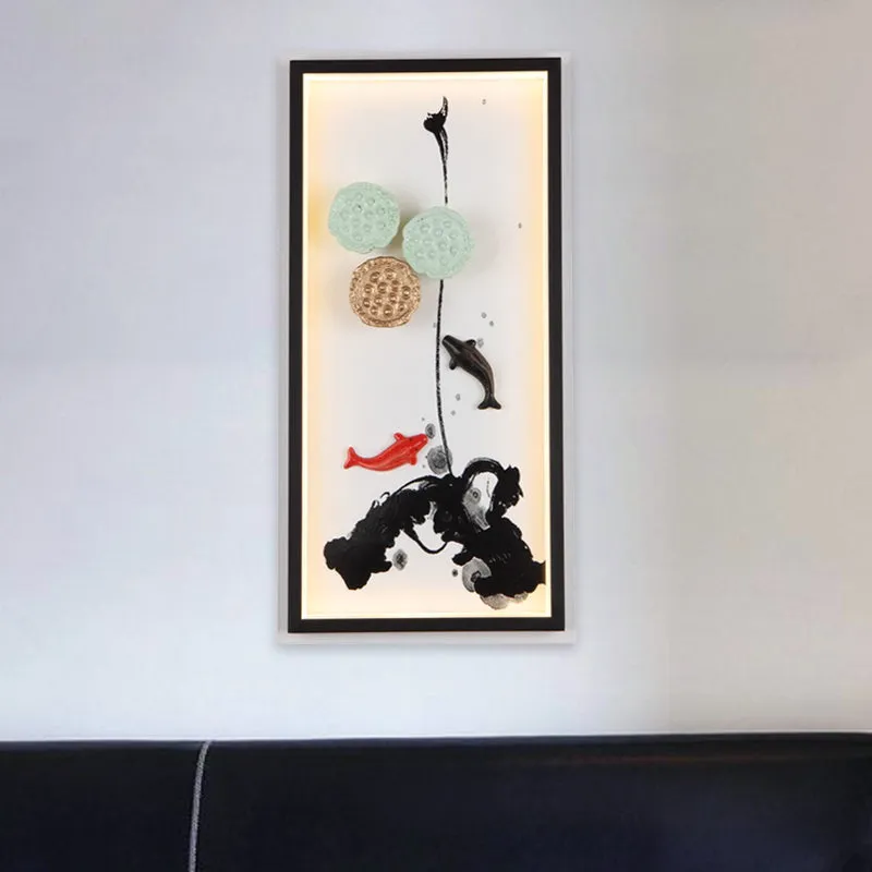 Chinese inktschildering muurschildering lichte stof zitkamer LED-wandverlichtingsarmatuur zwart Clearhalo