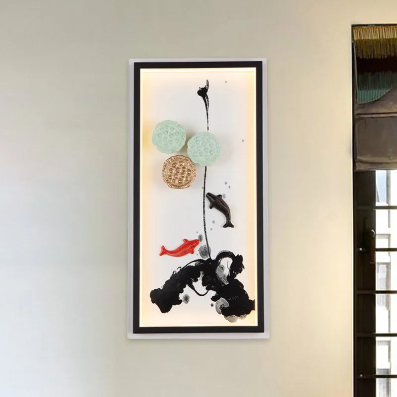 Chinese inktschildering muurschildering lichte stof zitkamer LED-wandverlichtingsarmatuur zwart Clearhalo