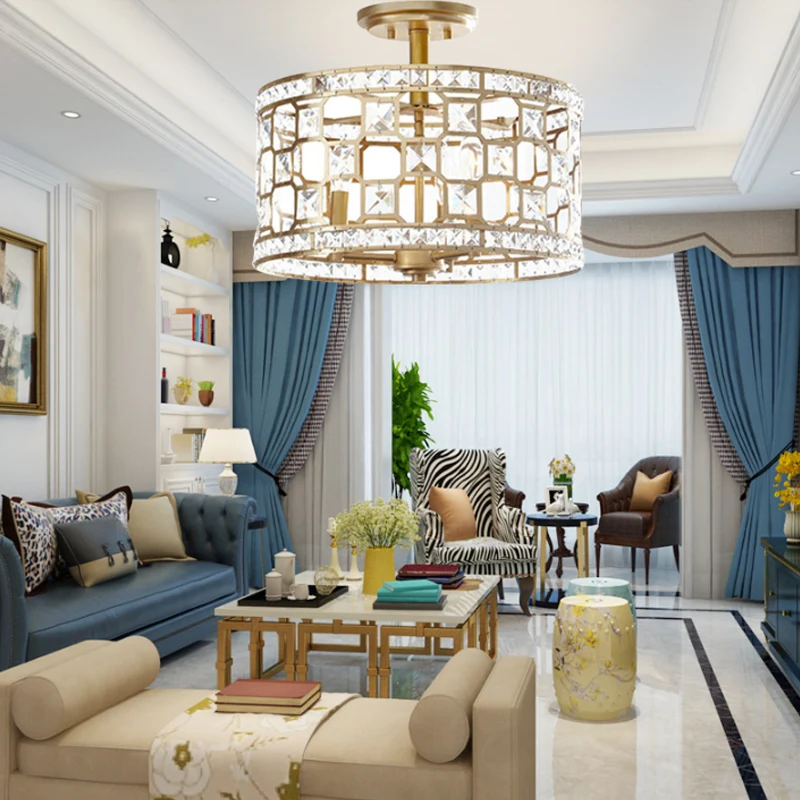 Chinese stijl 3-lichts semi-inbouwlamp, gouden ronde inbouwplafondarmatuur met metalen en kristallen kap Clearhalo