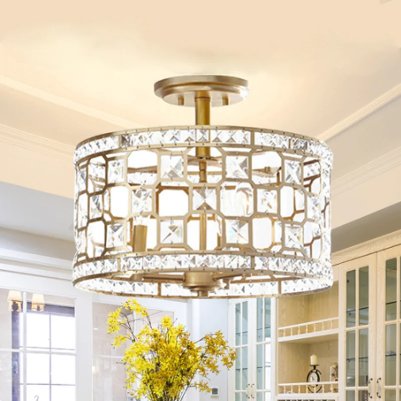 Chinese stijl 3-lichts semi-inbouwlamp, gouden ronde inbouwplafondarmatuur met metalen en kristallen kap Clearhalo