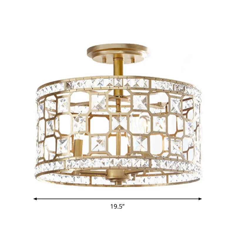 Chinese stijl 3-lichts semi-inbouwlamp, gouden ronde inbouwplafondarmatuur met metalen en kristallen kap Clearhalo