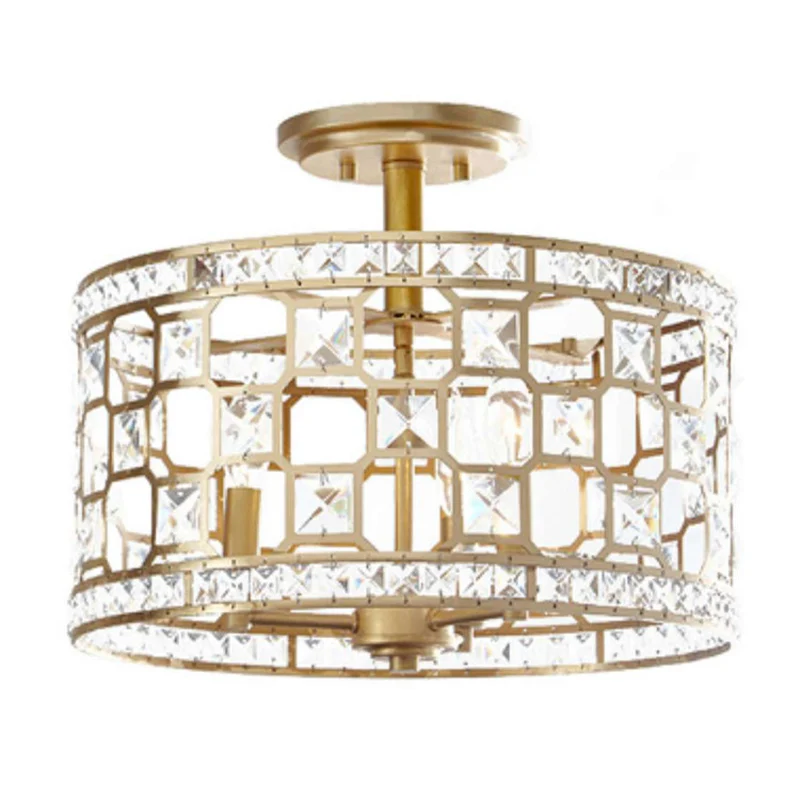 Chinese stijl 3-lichts semi-inbouwlamp, gouden ronde inbouwplafondarmatuur met metalen en kristallen kap Clearhalo