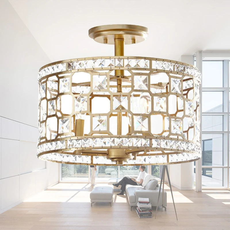 Chinese stijl 3-lichts semi-inbouwlamp, gouden ronde inbouwplafondarmatuur met metalen en kristallen kap Clearhalo