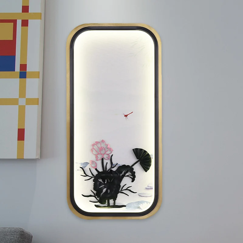 Chinese vierkante/rechthoekige metalen muurschildering licht LED Lotus wandmontage verlichting zwart en goud Clearhalo