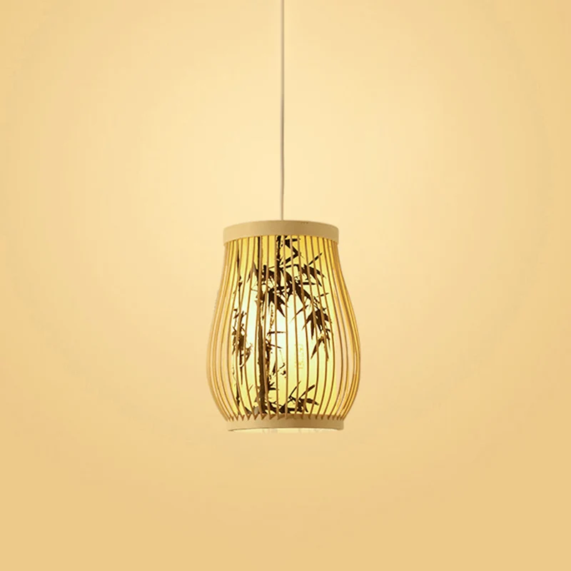 Chinoiserie geweven hangende lamp Bamboe enkele theesalon plafondlamp met lampenkap met print Clearhalo