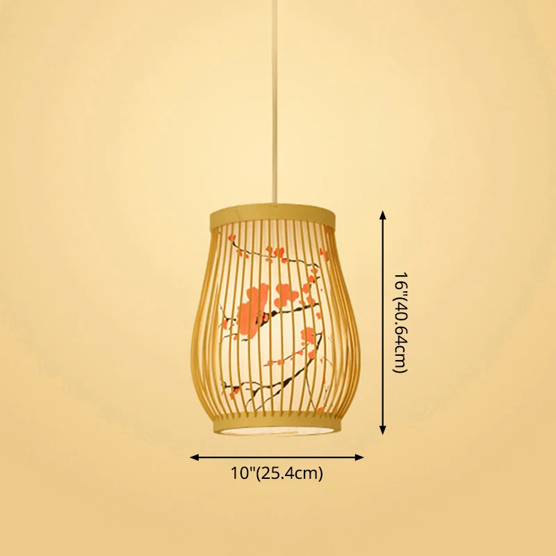 Chinoiserie geweven hangende lamp Bamboe enkele theesalon plafondlamp met lampenkap met print Clearhalo