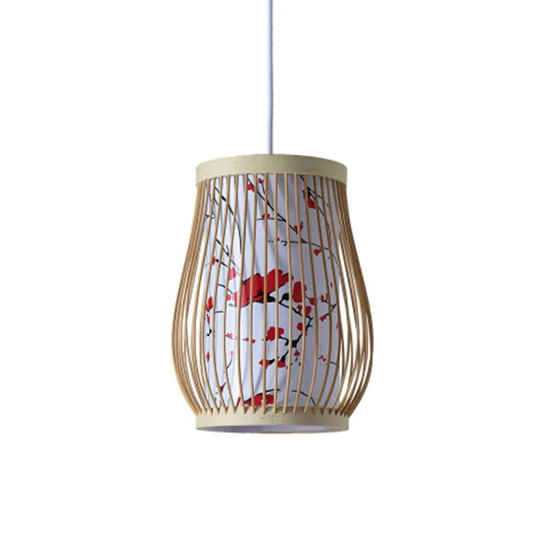 Chinoiserie geweven hangende lamp Bamboe enkele theesalon plafondlamp met lampenkap met print Clearhalo