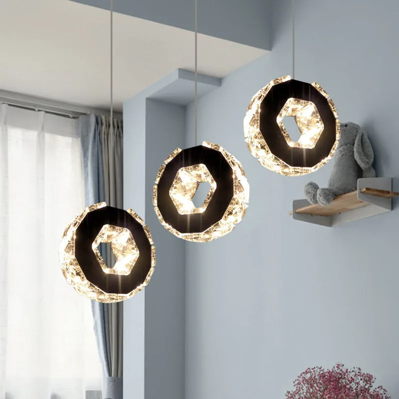 Chromen LED-clusterhanger met minimale afgeschuinde kristallen ring hangende plafondlamp warm/wit/neutraal licht Clearhalo