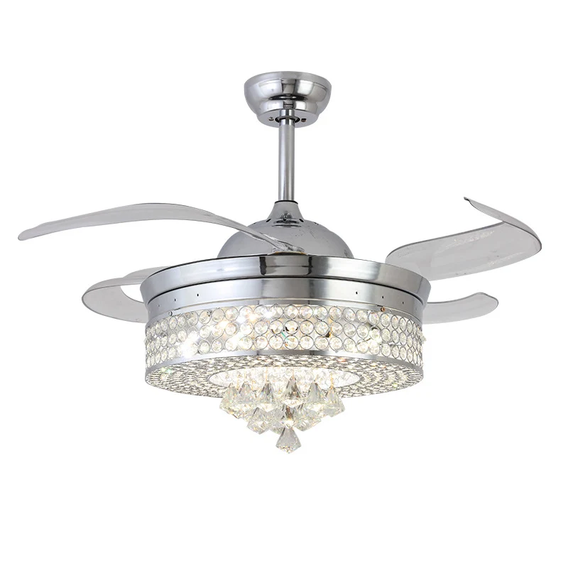 42" W chroom ronde hangende ventilatorlamp minimalistische afgeschuinde kristallen LED semi-inbouwlamp met 4 bladen Clearhalo