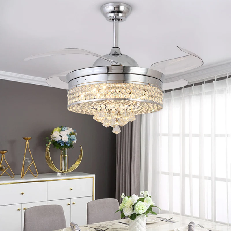 42" W chroom ronde hangende ventilatorlamp minimalistische afgeschuinde kristallen LED semi-inbouwlamp met 4 bladen Clearhalo