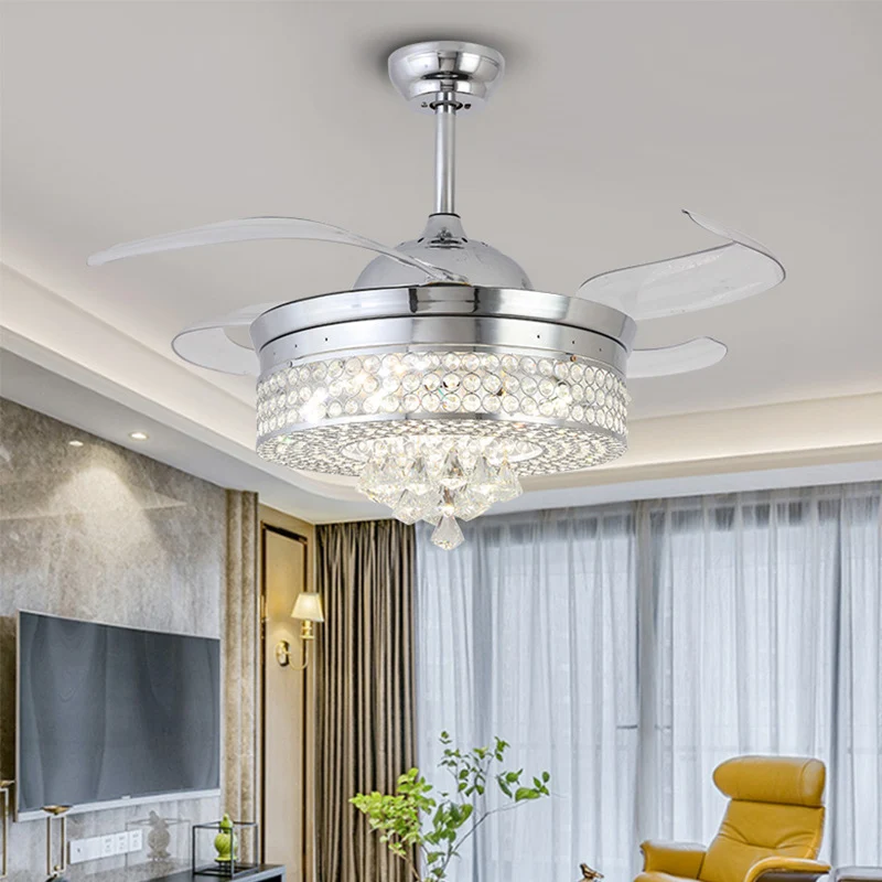 42" W chroom ronde hangende ventilatorlamp minimalistische afgeschuinde kristallen LED semi-inbouwlamp met 4 bladen Clearhalo