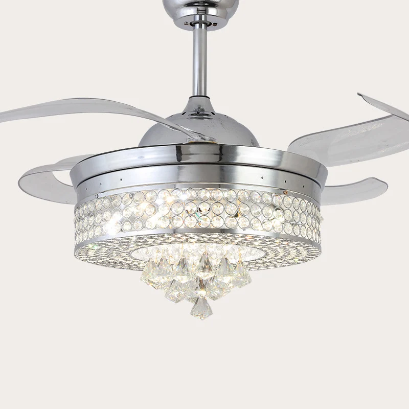42" W chroom ronde hangende ventilatorlamp minimalistische afgeschuinde kristallen LED semi-inbouwlamp met 4 bladen Clearhalo