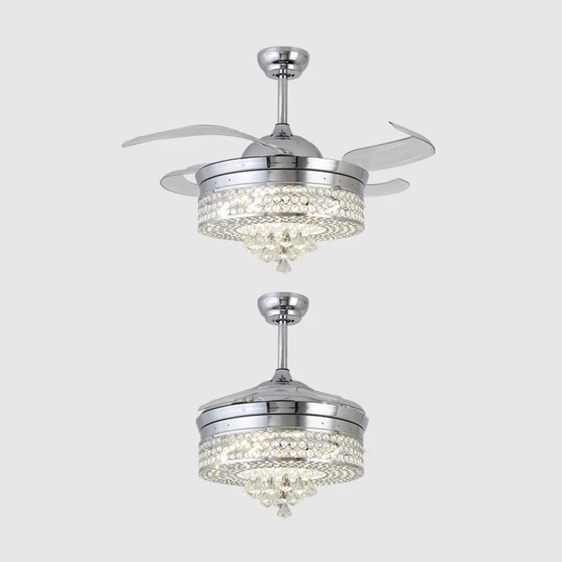 42" W chroom ronde hangende ventilatorlamp minimalistische afgeschuinde kristallen LED semi-inbouwlamp met 4 bladen Clearhalo