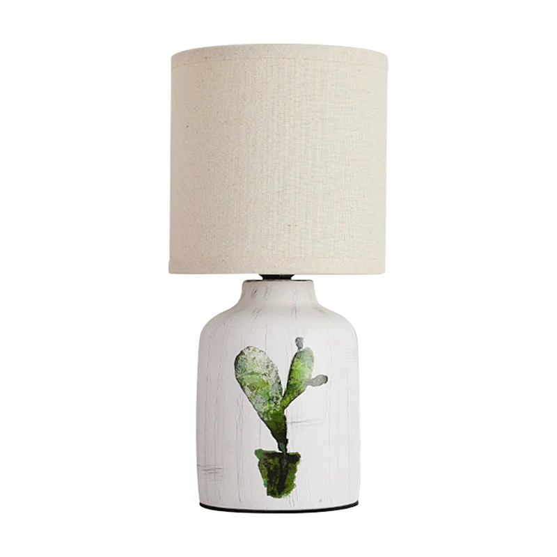 Cilinder bureaulamp modernistisch papier 1-lichts witte tafellamp met keramische voet en cactuspatroon Clearhalo