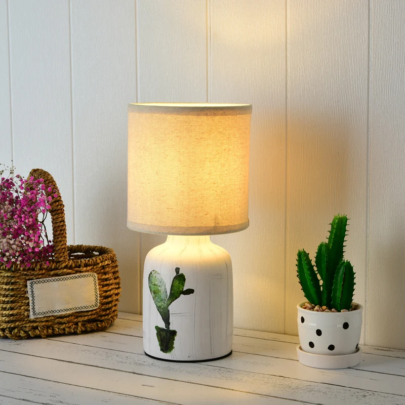 Cilinder bureaulamp modernistisch papier 1-lichts witte tafellamp met keramische voet en cactuspatroon Clearhalo