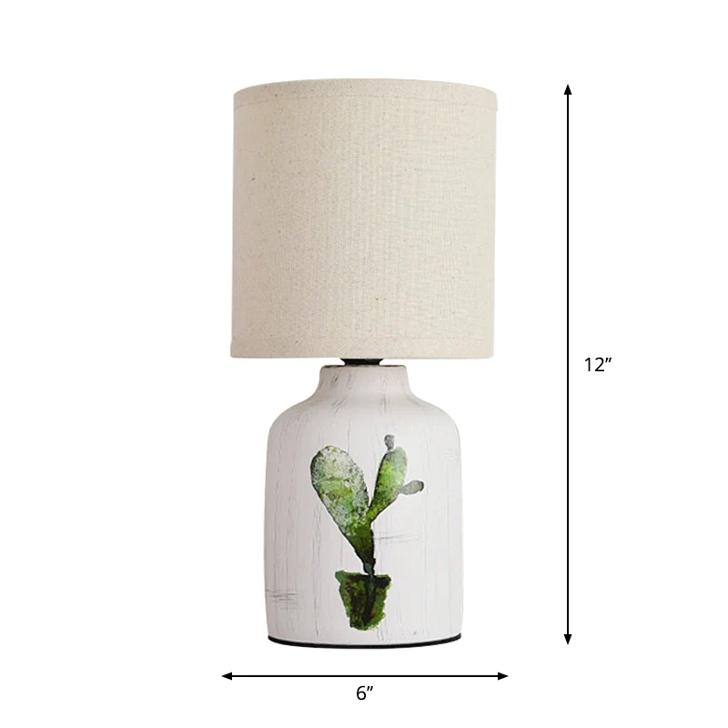 Cilinder bureaulamp modernistisch papier 1-lichts witte tafellamp met keramische voet en cactuspatroon Clearhalo