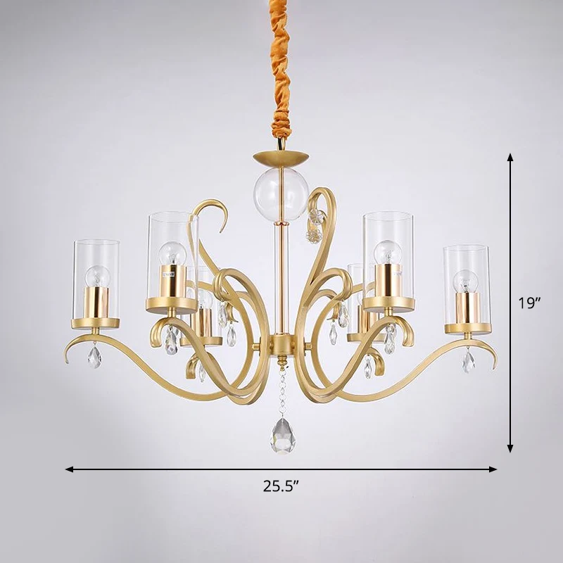Cilinder hanglamp minimalistisch helder glas 6 koppen gouden kroonluchter met kristallen druppel Clearhalo