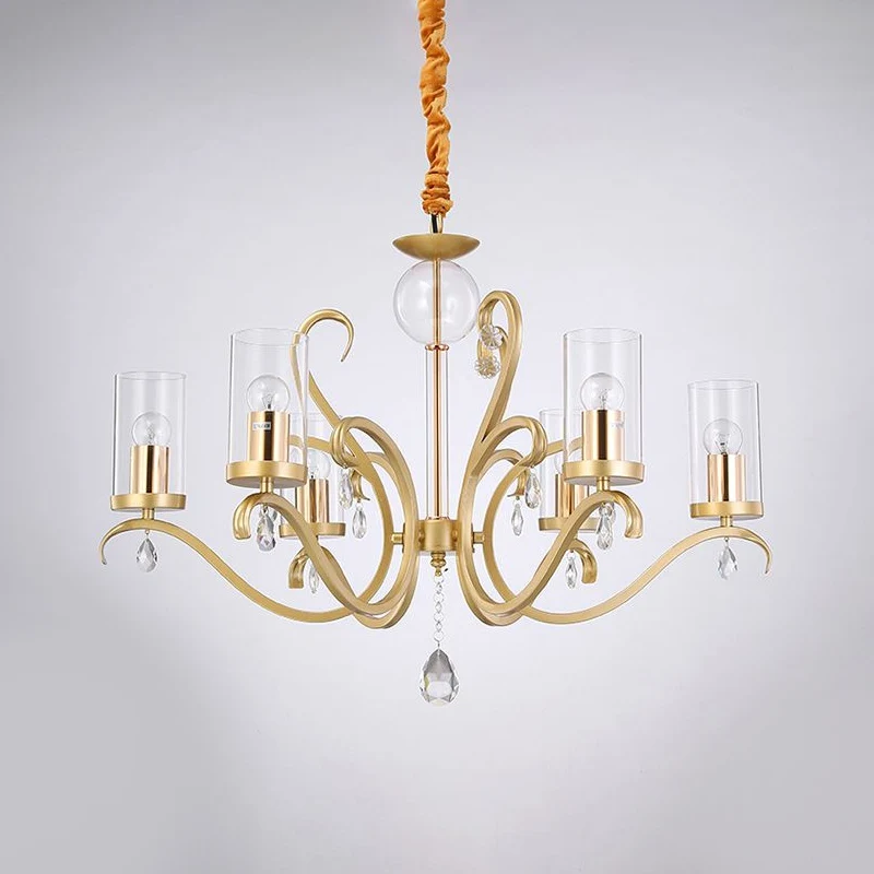 Cilinder hanglamp minimalistisch helder glas 6 koppen gouden kroonluchter met kristallen druppel Clearhalo
