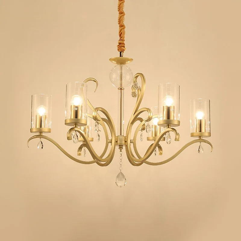 Cilinder hanglamp minimalistisch helder glas 6 koppen gouden kroonluchter met kristallen druppel Clearhalo