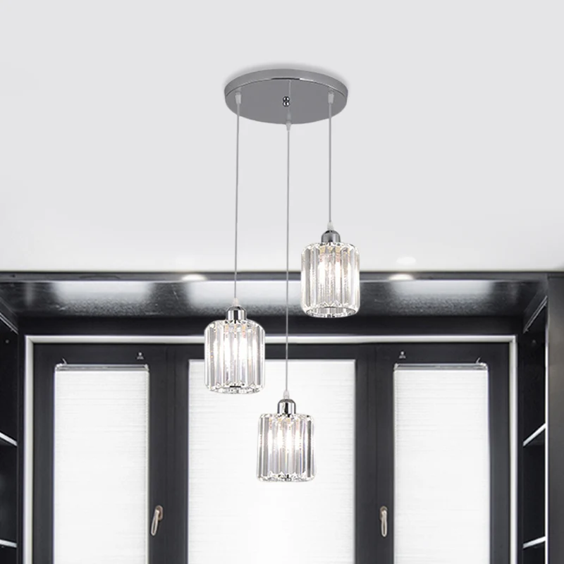 Cilinder helder kristal blok multi-licht hanglamp modernisme 3 lampen chroom hanglampset Clearhalo