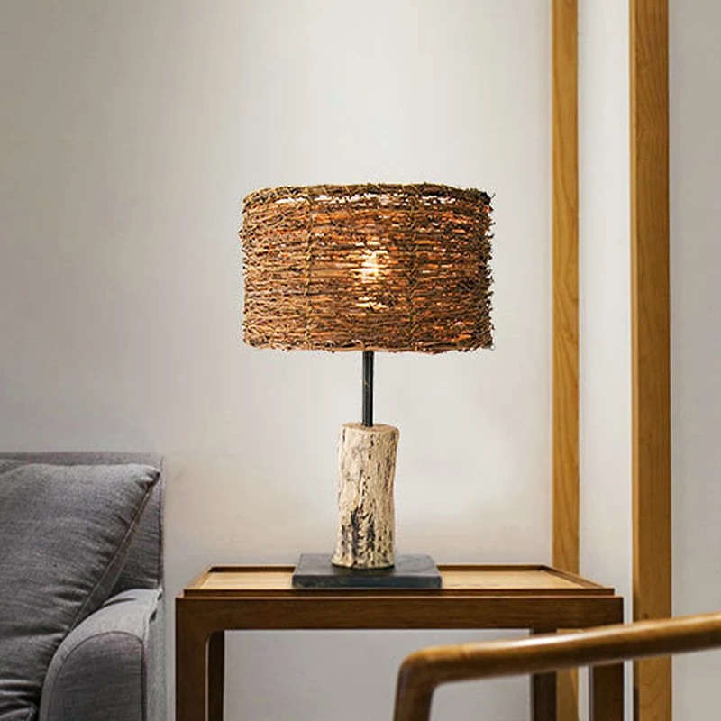 Cilinder Kleine Bureaulamp Aziatisch Bamboe 1 Kop Bruin Taakverlichting voor Woonkamer Clearhalo