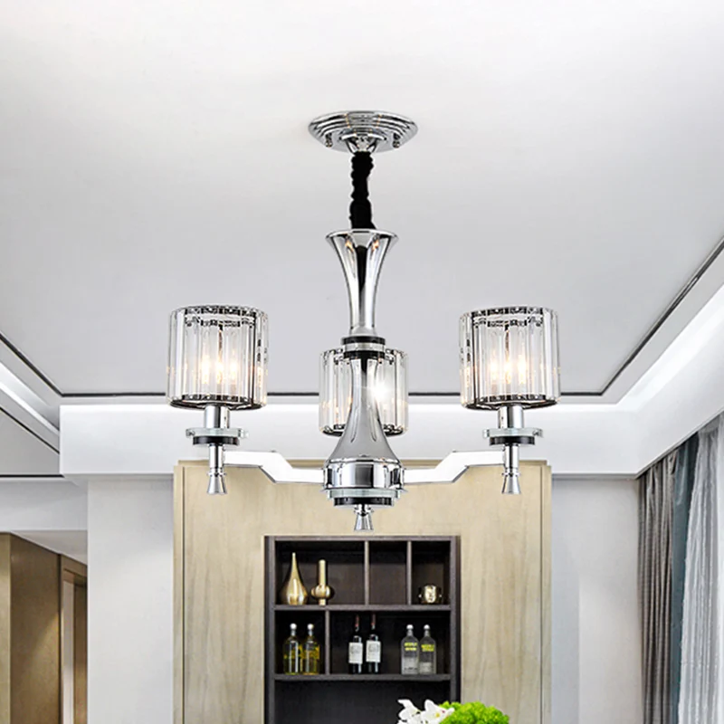 Cilinder Kristallen Prisma Hanglamp Modern 3 Lampen Chroom Kroonluchter Lichtpunt Clearhalo