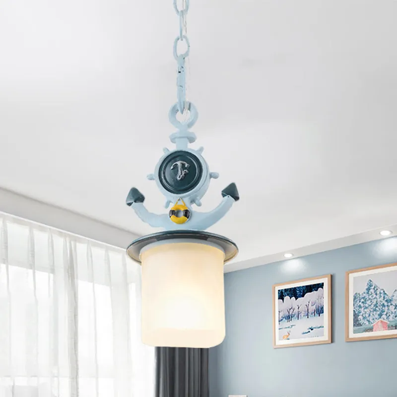 Cilinder matglazen hanglamp kinderen 1 kop blauwe hanglamp met ankerontwerp voor woonkamer Clearhalo
