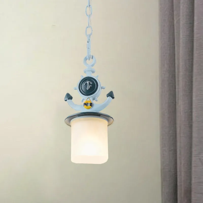 Cilinder matglazen hanglamp kinderen 1 kop blauwe hanglamp met ankerontwerp voor woonkamer Clearhalo