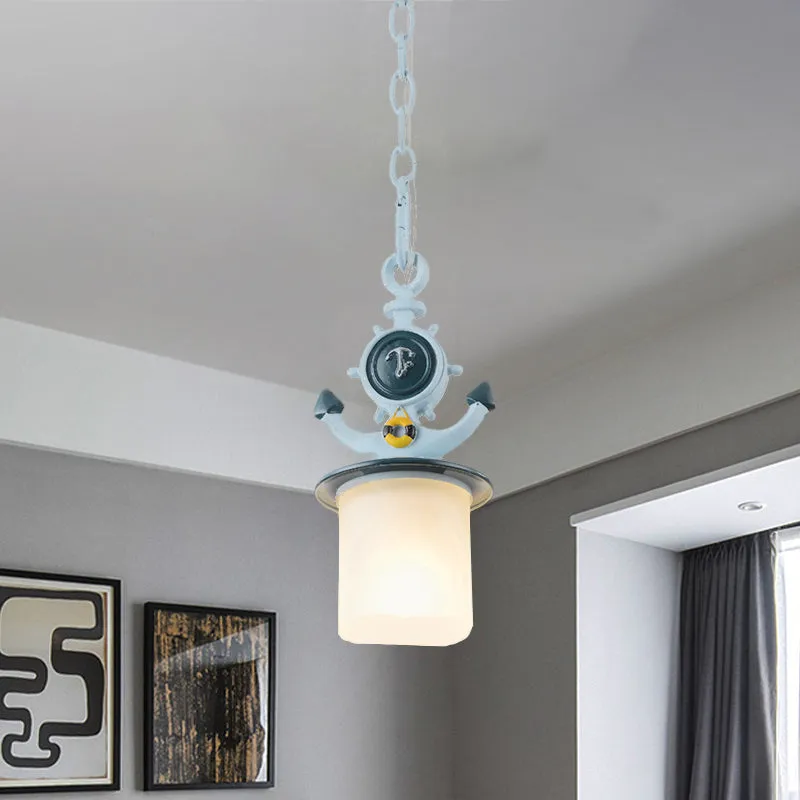 Cilinder matglazen hanglamp kinderen 1 kop blauwe hanglamp met ankerontwerp voor woonkamer Clearhalo