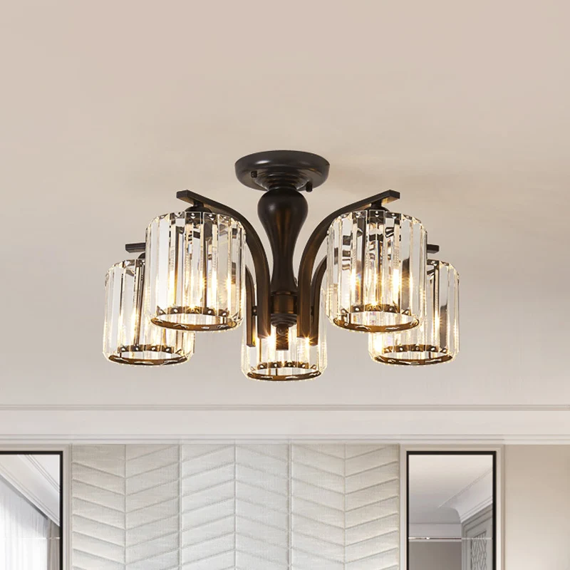 Cilinder semi-inbouwlamp met kristallen kap Scandinavisch metaal 3/5-lichts zwarte plafondlamp Clearhalo
