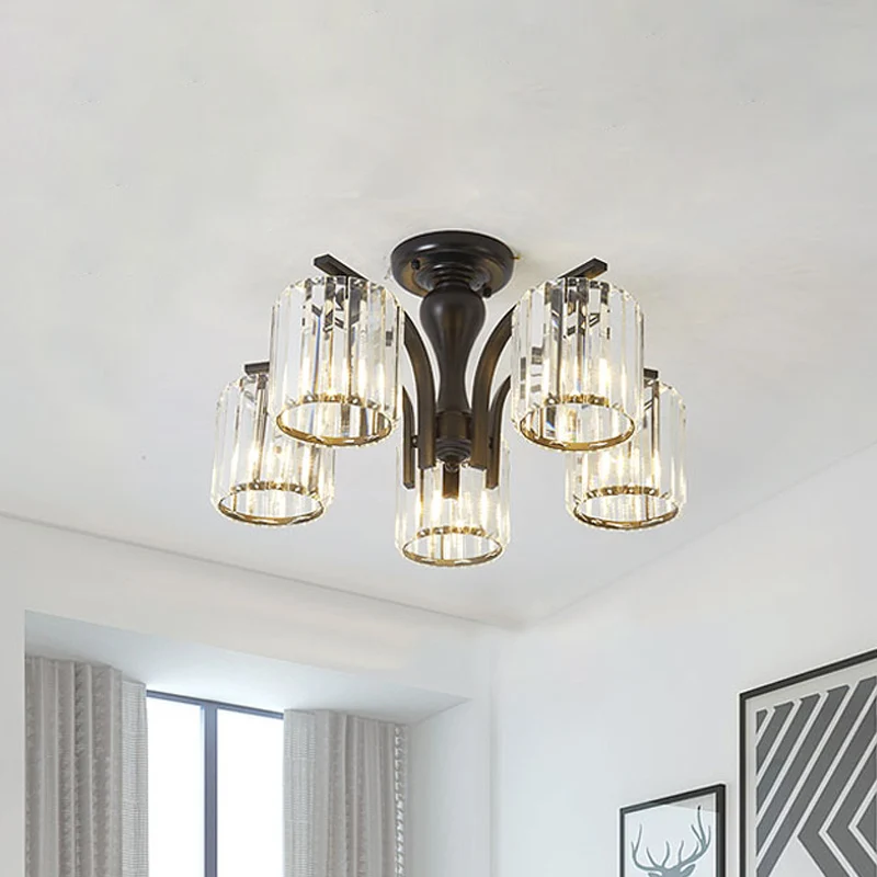 Cilinder semi-inbouwlamp met kristallen kap Scandinavisch metaal 3/5-lichts zwarte plafondlamp Clearhalo