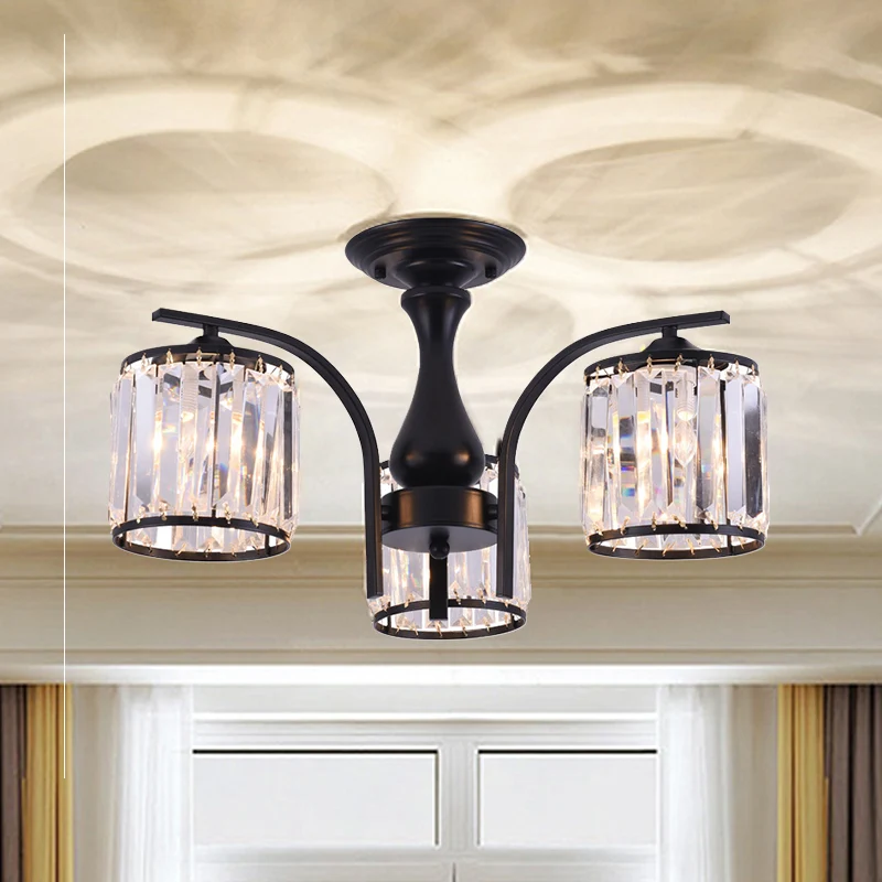 Cilinder semi-inbouwlamp met kristallen kap Scandinavisch metaal 3/5-lichts zwarte plafondlamp Clearhalo