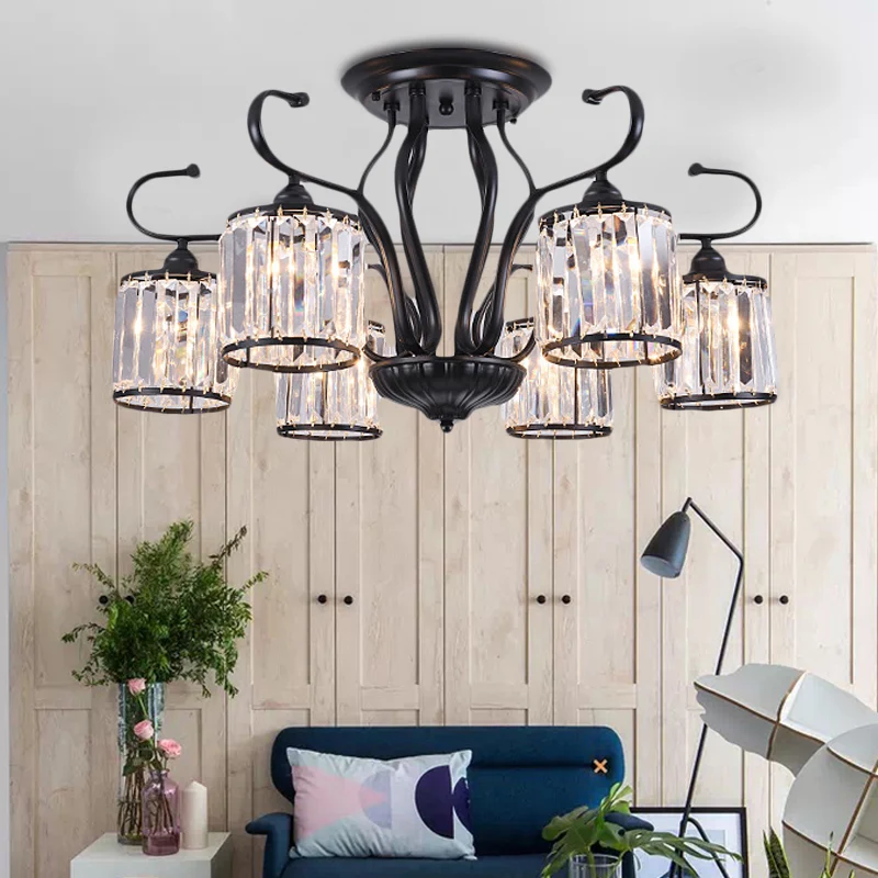 Cilinder Semi-inbouwlamp Rustiek Kristalblok 3/6 Lichten Zwart Plafondlamp voor Eetkamer Clearhalo